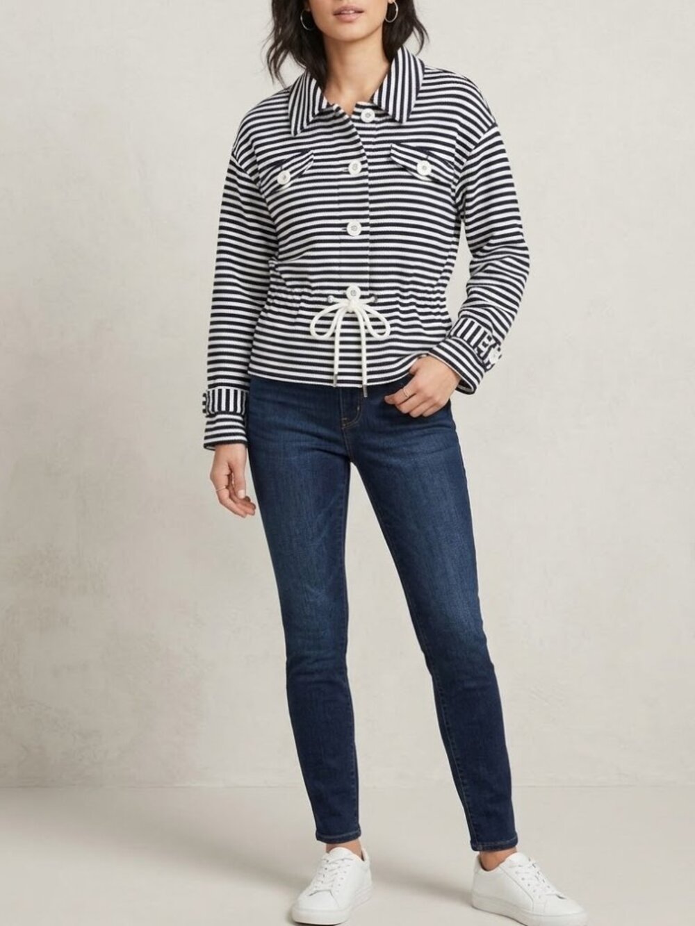 Cabi Harbor Blue/White Striped Drawstring Cotton Jacket Small Nautical Preppy